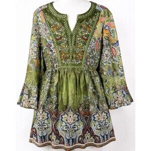 Farmers Market Boho Tunic Top Green Floral Print Bell Sleeve Tie Front Large